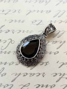 Bali Sterling Silver Dark Garnet Swirl Teardrop Pendant Necklace